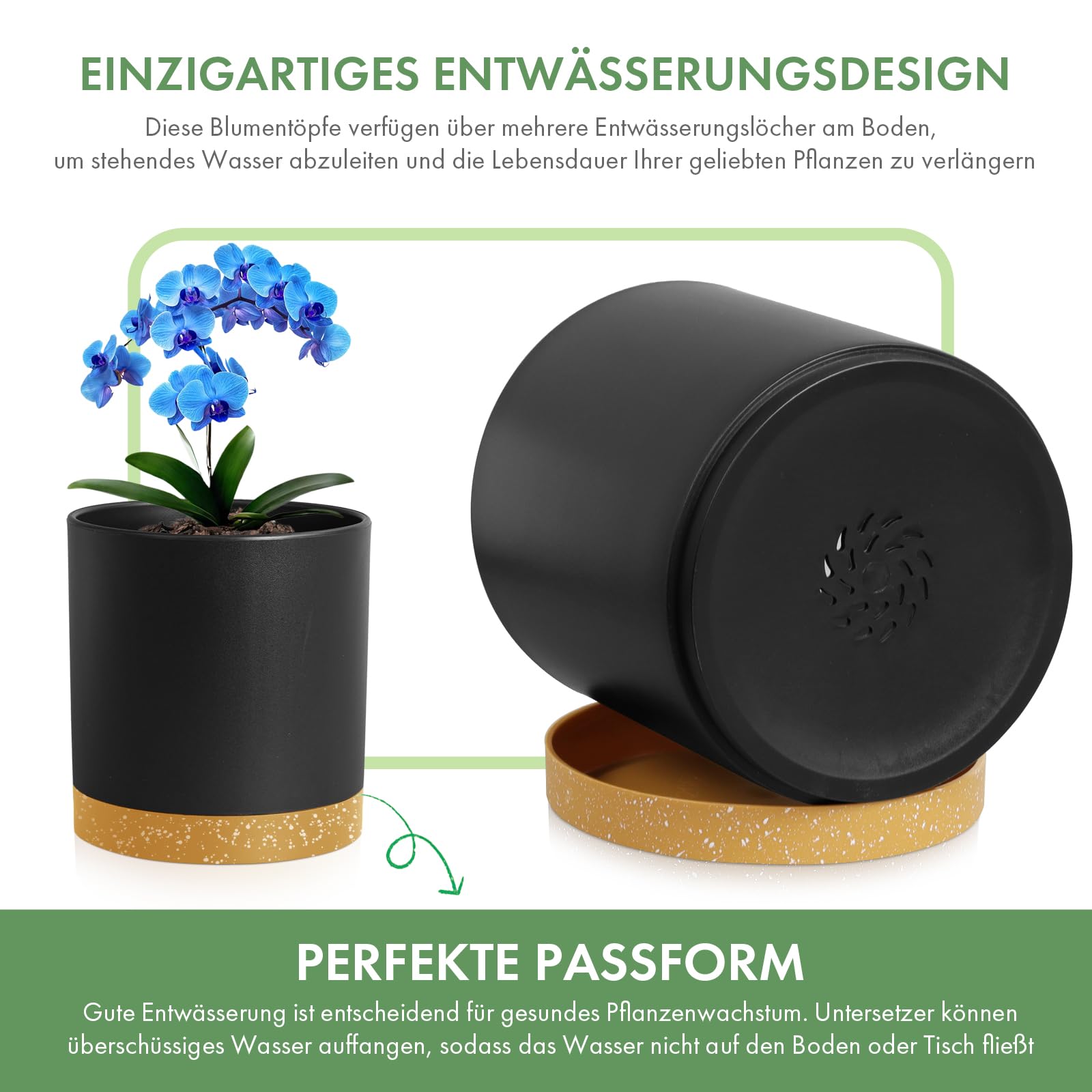 Homeuouz 5 Packs Blumentopf mit Untersetzer, 17.8/15.2/14/12.7/10.2cm Pflanzentopf, Plastik Übertopf, Hydrokultur Topf, Blumentöpfe Set Ideal für Innen und Balkongärten, Schwarz mit braunes Tablett