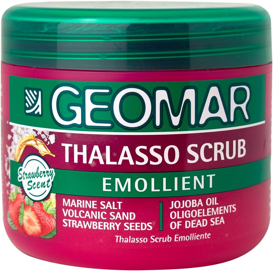 GEOMAR Emollientes Thalasso Scrub, Deep Renewal of the Skin, New Skin Effect, with Sea Salt, Strawberries and Dead Sea Trace Elements, Made in Italy, 600 g
