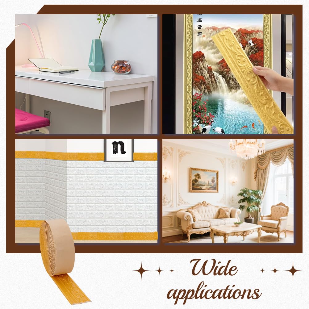 nbeads 10M Bordure en Mousse Autocollante, 7.8cm de Large Bordure de Papier Peint Décorative Plinthe Murale en Mousse pour Hôtel et Maison Décoration à Faire Soi Même, Or