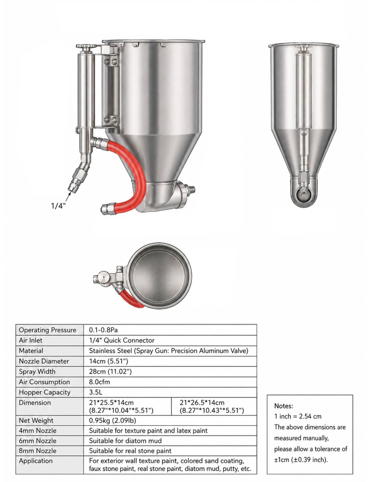 Pistolet pulvérisateur pneumatique pour mortier de ciment - Grand alésage avec trémie pour mastic épais, pâte et revêtement mural - Idéal pour les applications de stuc et de plâtre
