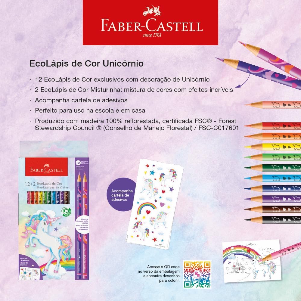 EcoLápis de Cor Faber-Castell Unicórnio, 12 Cores + 2 Lápis Misturinha (12 es/cada) - 120912+2UNI