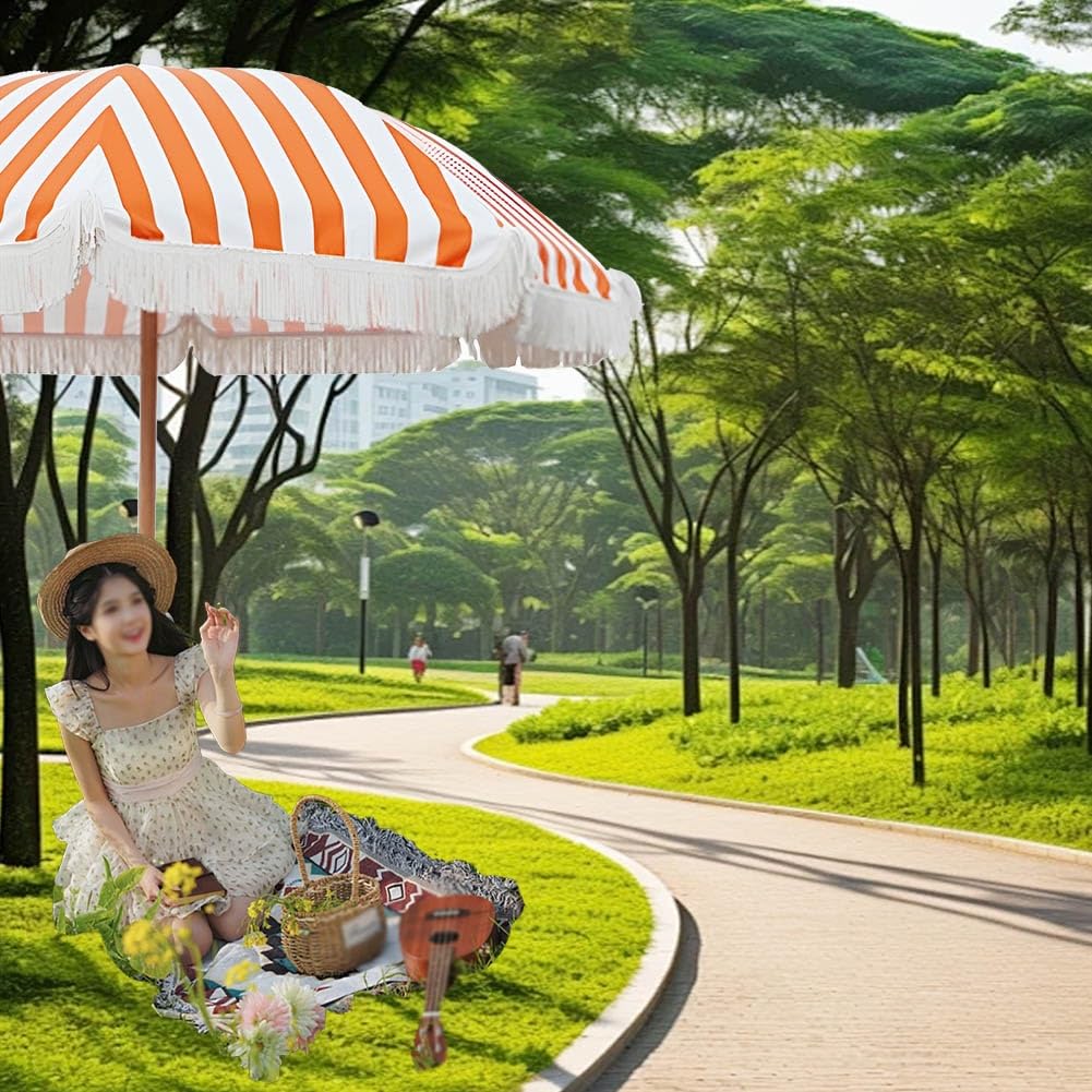 Genérico 220 cm Sombrilla de Exterior a Rayas Naranjas con Borla, Parasol de Playa UPF50+, Sombrilla de Jardín Plegable con Poste de Hierro