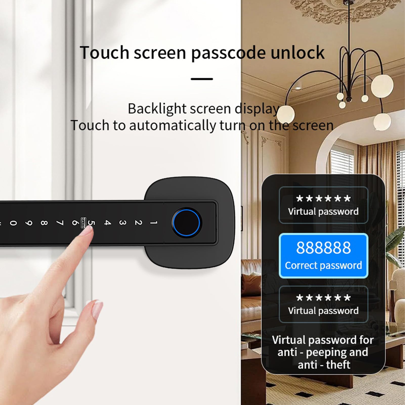 Maniglia per Porta Intelligente Blocco Impronta Digitale Tastiera per Accesso Senza Chiave Blocco di Sicurezza Biometrico 6 Metodi di Sblocco Installazione Semplice per Hotel con (Nera)