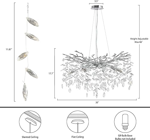 Miniatura 4 de YUYI Candelabros modernos de cristal para comedor, ramas de árbol plateado, lámpara redonda de lujo con gotas de lluvia de techo alto, lámpara