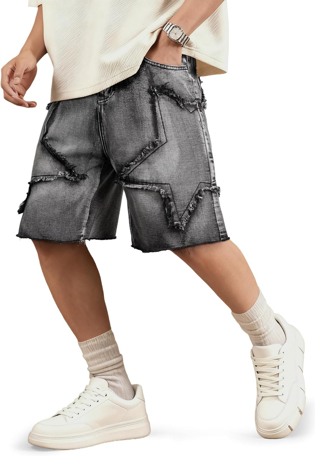 JMIERR Mens Baggy Jeans Shorts Loose Fit Star Wide Leg Jorts Y2K Streetwear Vintage Casual Denim Shorts 2026