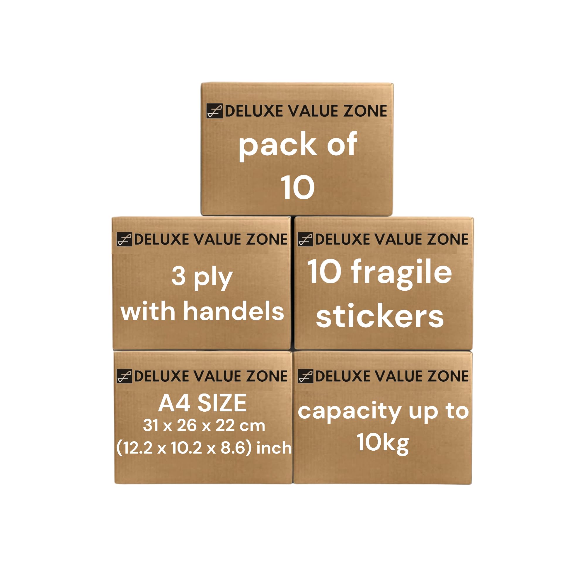 keywins3 Ply A4 Sizes Kraft Cartoon Storage Boxes-L31 x W26 x H22 cm Pack Of 10 Pieces With 10 pices (Fragile) With Handles-Carton cardboard box for Moving And Backing And Shipping -100% Recyclable