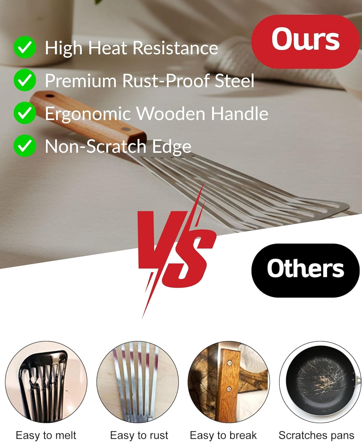 Nonstick Baking Sheet Pans & Fish Turner with Wooden Handle – 3-Piece Carbon Steel Baking Tray Set + Stainless Steel Slotted Spatula – Heavy-Duty Cookware for Baking, Frying & Grilling