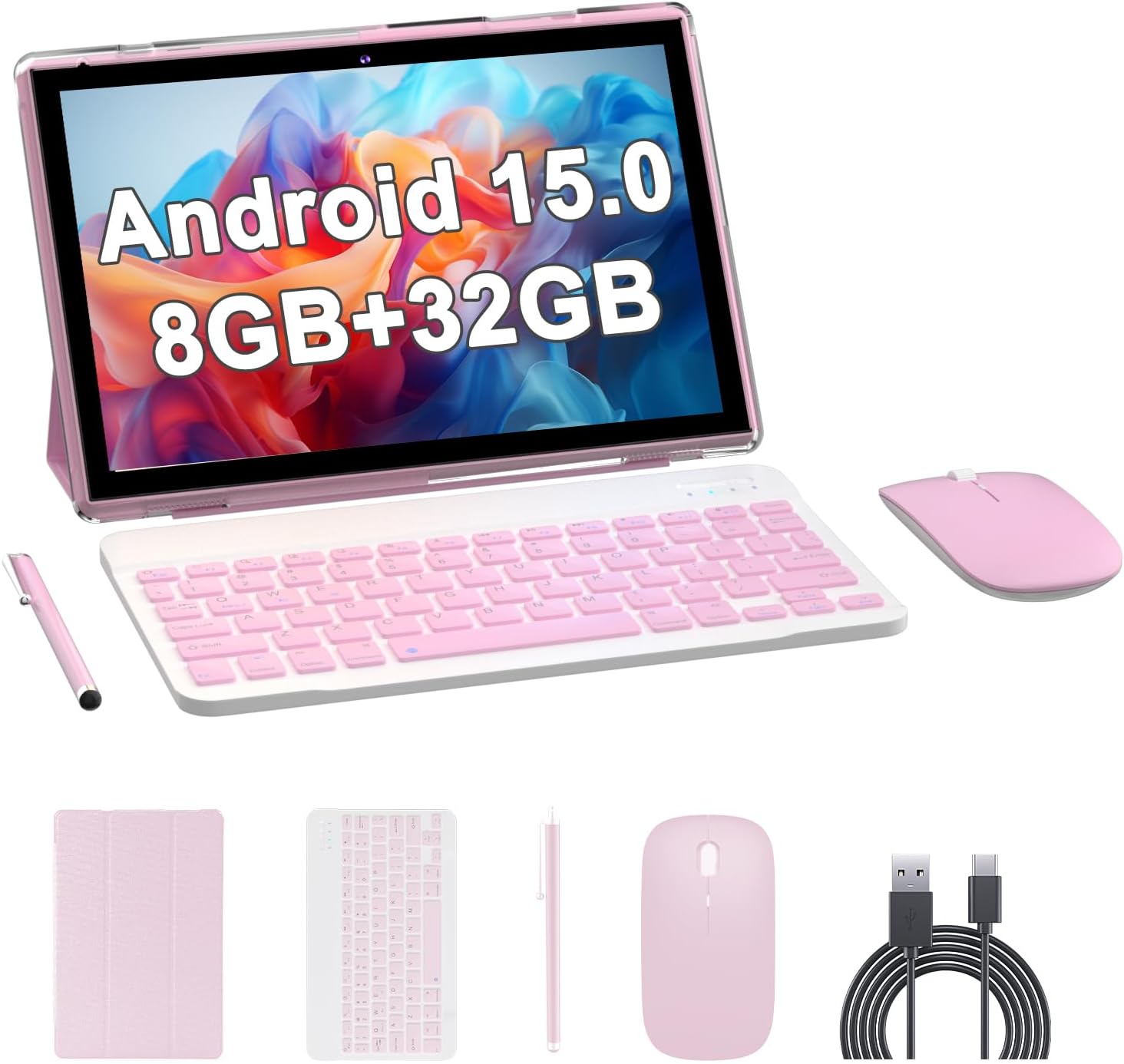 Android 15 Tableta, 2 in 1 Tablet 10 Inch with Keyboard Case, 8GB+32GB ROM/1TB, Quad Core, Dual Carema, Games, Wi-Fi, BT, GMS(Pink)
