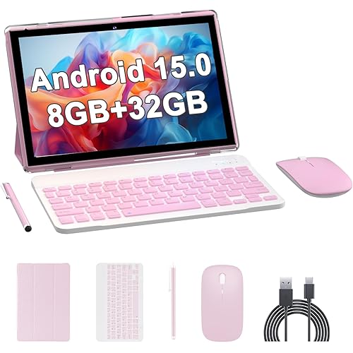 Android 15 Tableta, 2 in 1 Tablet 10 Inch with Keyboard Case, 8GB+32GB ROM/1TB, Quad Core, Dual Carema, Games, Wi-Fi, BT, GMS(Pink)