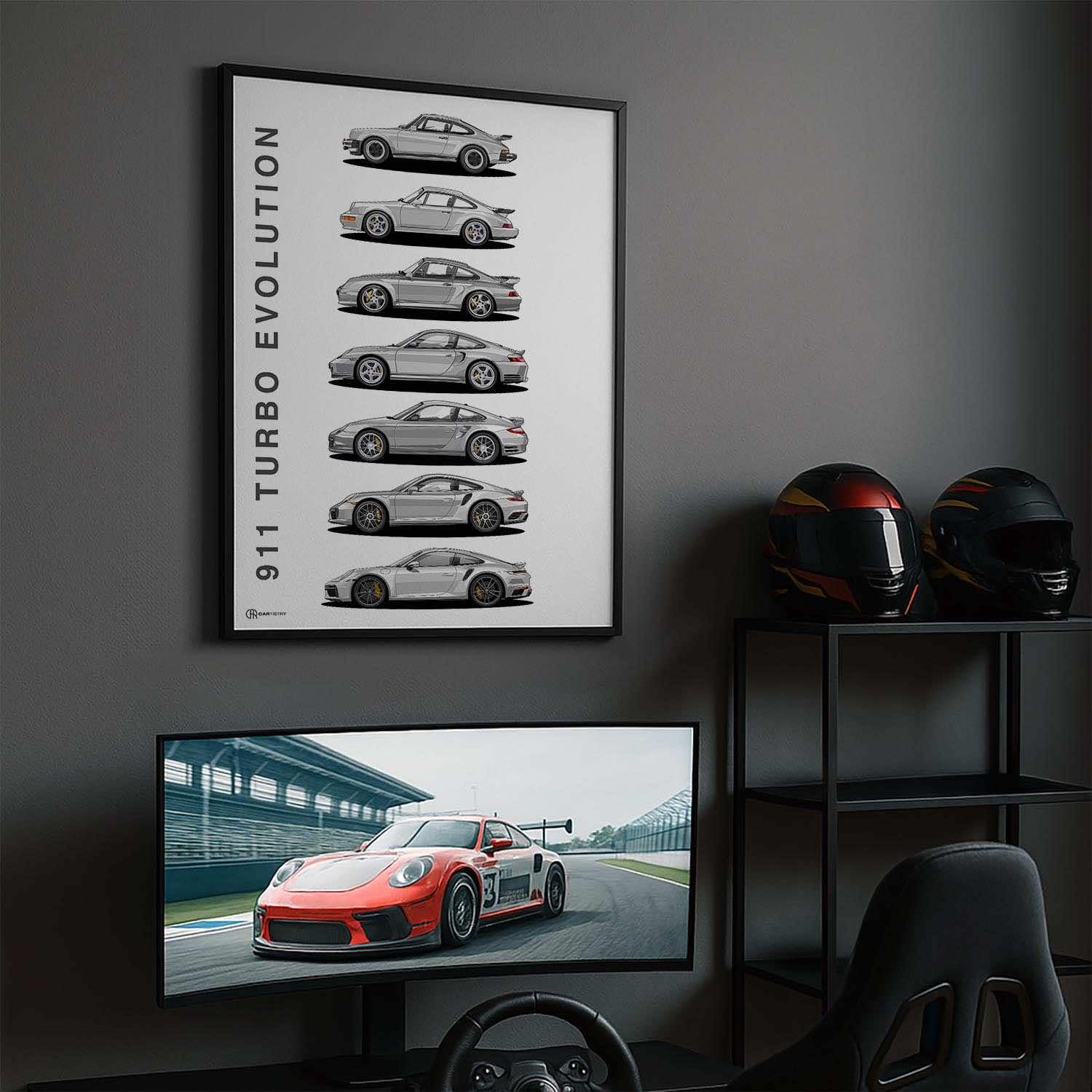 Cartistry Auto Poster 911 Turbo Generationen (70x50cm, Holzrahmen Schwarz) | Geschenk für Männer, Geschenk für Autoliebhaber