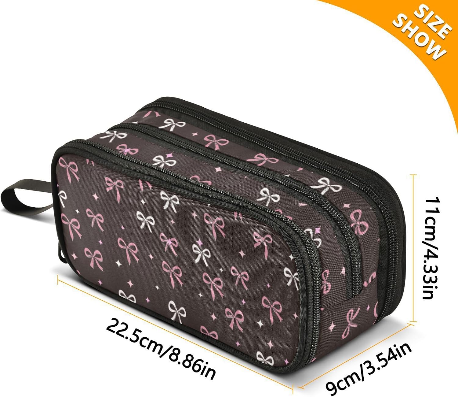 Wfrish Big Capacity Pencil Case for Girl Boy Pink Bows Stars Black Student Pencil bag Pen Pouch Large Stationery 3 Compartments Zippers Organizer School College Office Teens Adults