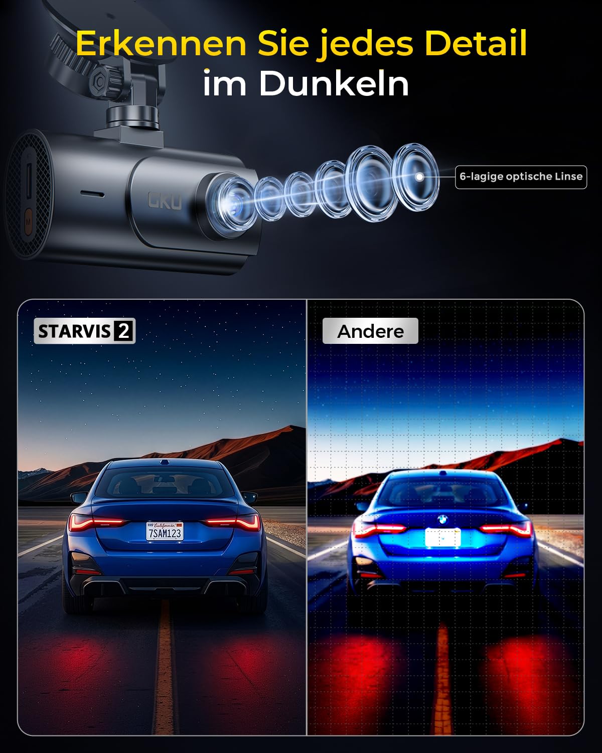 GKU Dashcam Auto Vorne Hinten 4K mit STARVIS 2, Dash Cam Auto