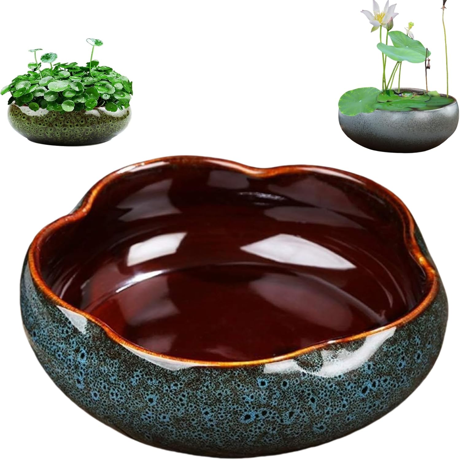 Lotus Bowl Planter,Round Lotus Bowl,Ceramic Lotus Flower Bowl,Lotus Bowls for Planting in Water Indoors,Applicable to Bonsai Bowl Lotus Flower,Succulent Plants Hydroponic Plant Home Decor (Blue+S)