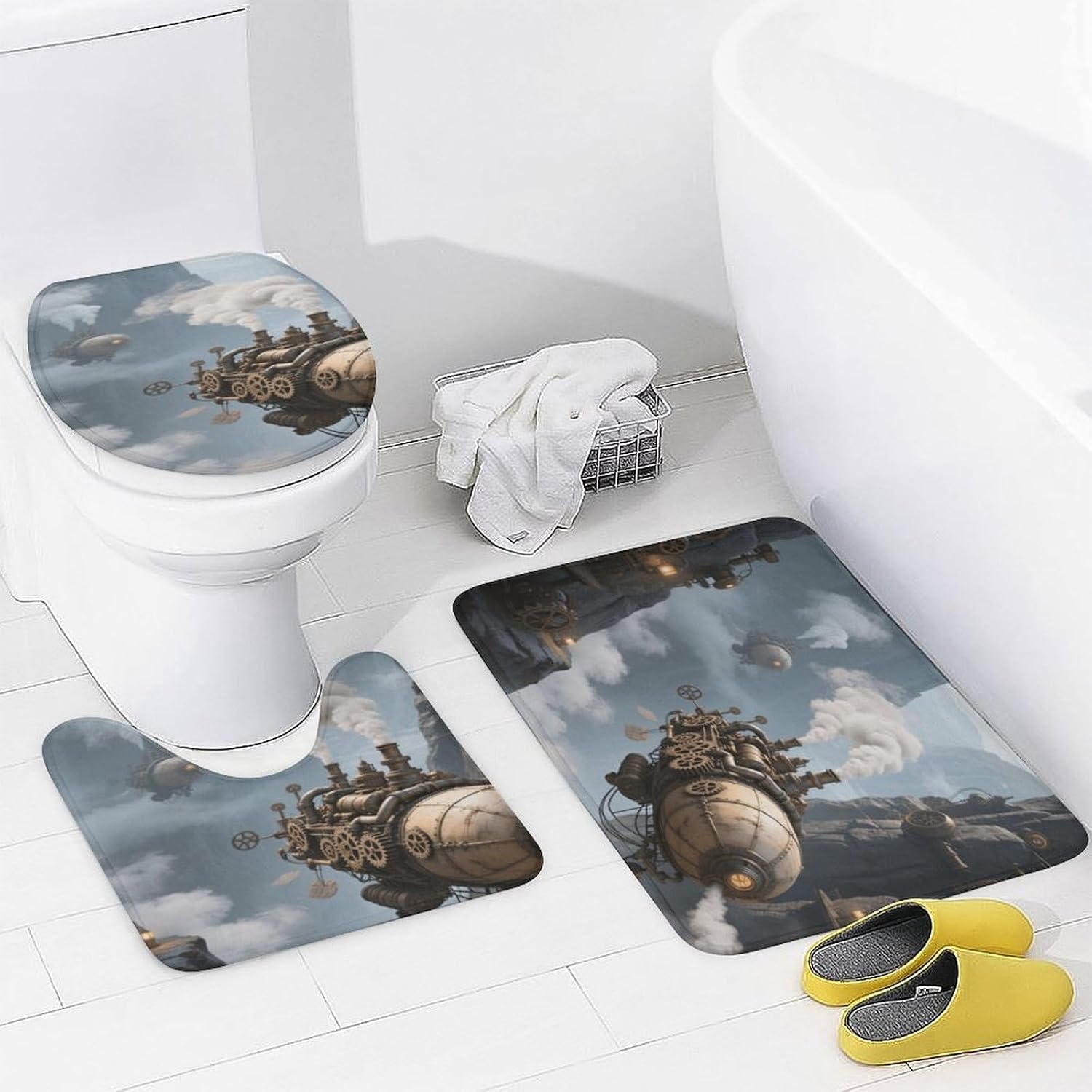 Airship Steam Canyon Bath Rug Set 4 Piece,Bathroom Accessories Set-Toilet Rugs U Shaped,Toilet Lid Cover,Shower Curtain and Rugs,Ultra Soft, Absorbent,Home Decor