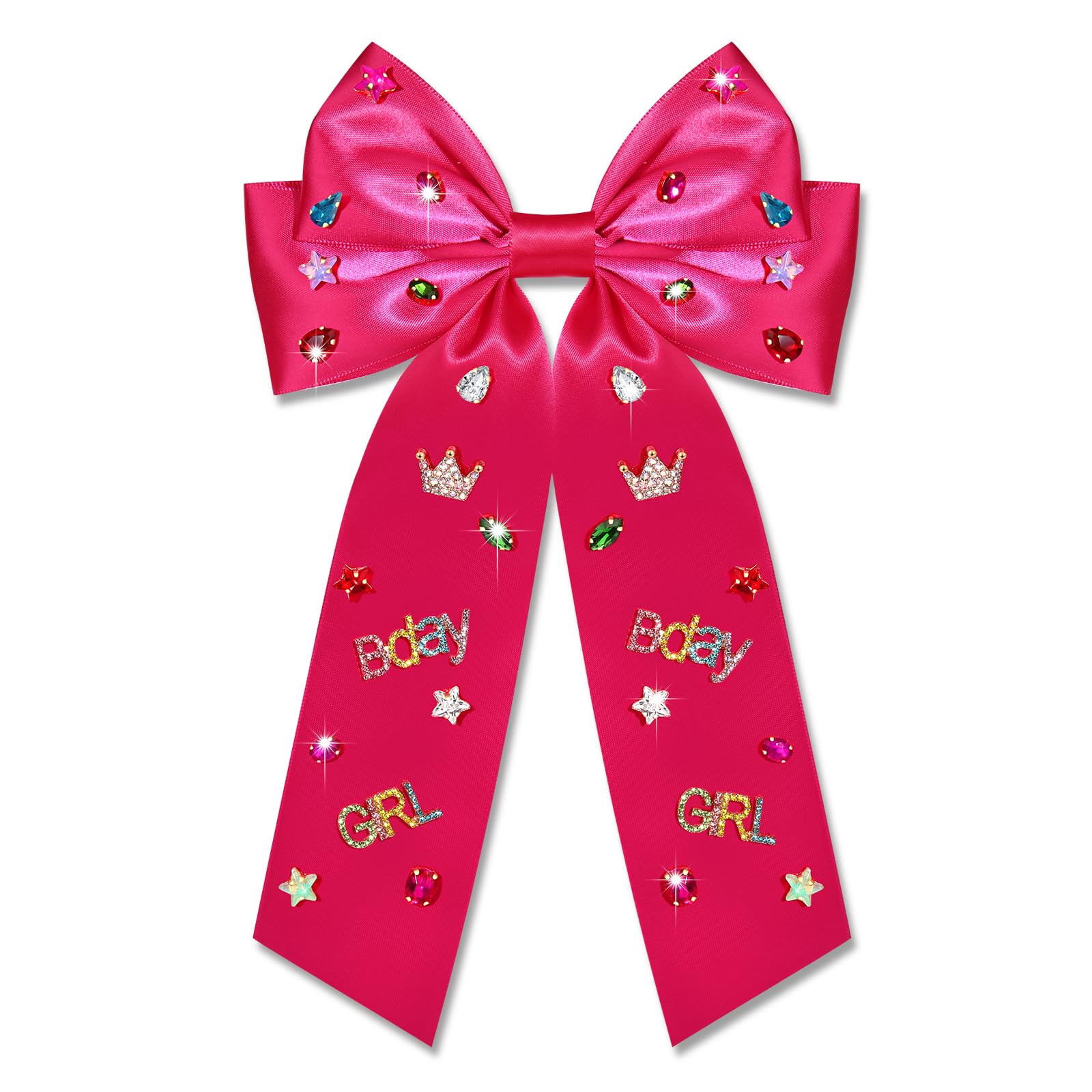 Birthday Hair Bows for Women Crown Birthday Girl Hair Bow Clips Crystal Pearl Star Jeweled Big Hair Bows Pink Bow Satin Hair Ribbons Accessories Gifts