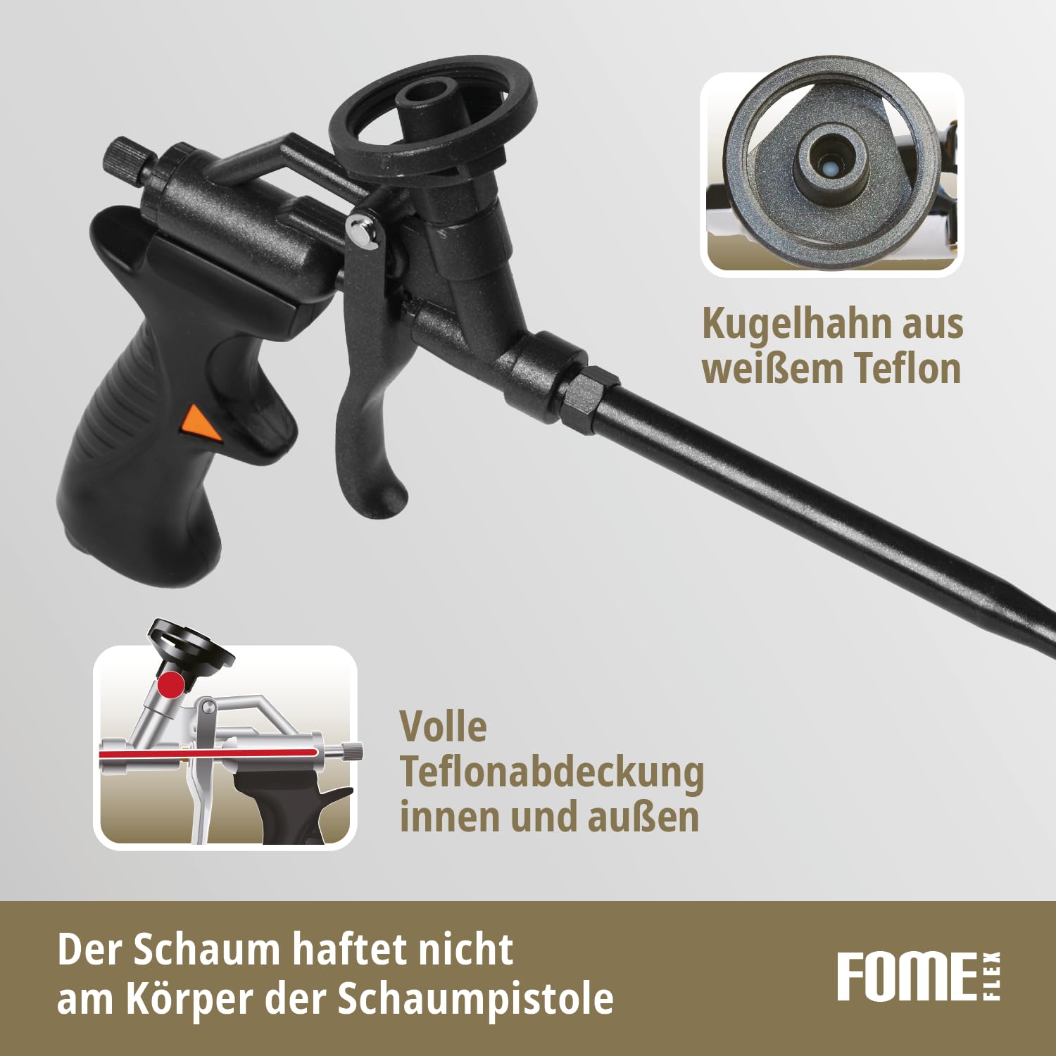 Schaumpistole - Teflonbeschichtete Bauschaum Präzisionspistole - Kein Verstopfen, Leichte Reinigung Dichtungs- & Bauschaumpistole für PU Schaum & Montageschaum - Profi & Heimwerkerwerkzeug FomeFlex
