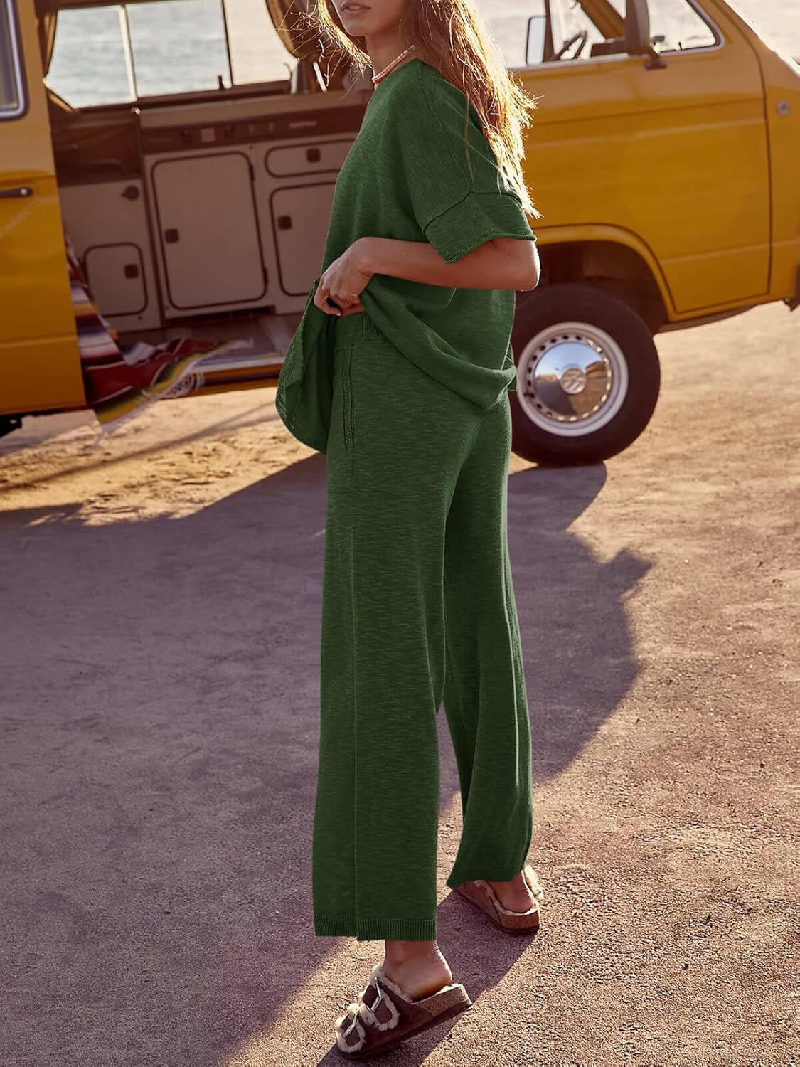 Tankaneo Women's 2 Piece Travel Outfits Casual Short Sleeve Knit Sweater Set Wide Leg Pants Lounge Sets Tracksuit - Image 2