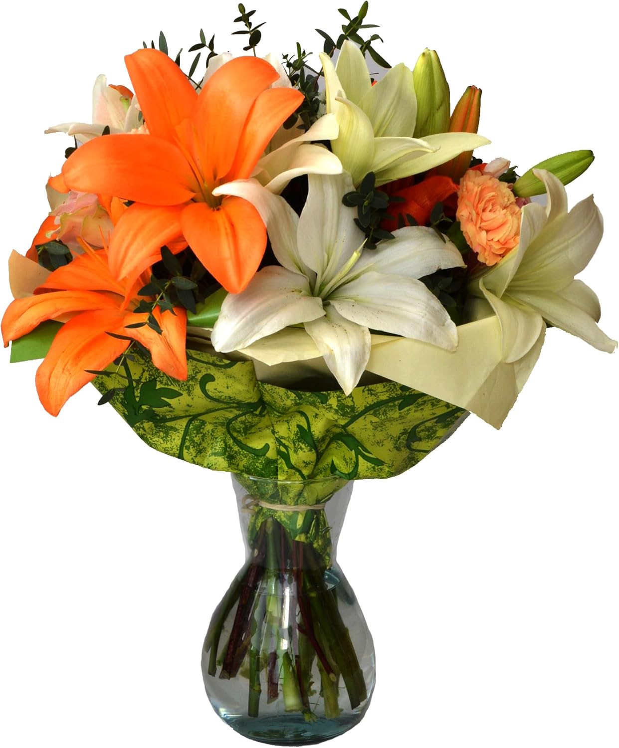 Fading Season | Orange, White Arrangement with Vase | Arabella Bouquets | Real Fresh Flowers for Delivery, Gift for Birthday, Congratulations, Anniversary, Thank You