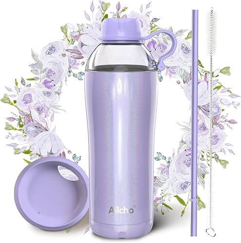 Miniatura 27 de Botella de agua aislada para mujeres, botellas de agua de acero inoxidable de 18 oz, de doble pared, 2 tapas (para beber y taza) - Hidrata y Púrpura