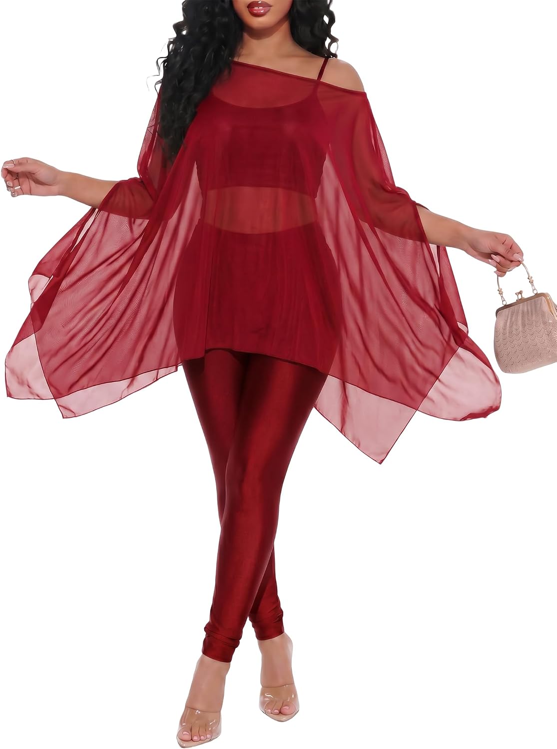 acelyn Women's Sexy 3 Piece Outfit Sheer Mesh Poncho Metallic Cami Top Leggings for Club Night Out