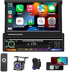 Tela Retrátil Multimidia 7 polegadas com Apple CarPlay, Android Auto, Controle do volante e câmera, Estéreos automotivos ideais para uma direção segura e uma experiência musical imersiva
