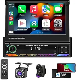 Tela Retrátil Multimidia 7 polegadas com Apple CarPlay, Android Auto, Controle do volante e câmera, Estéreos automotivos ideais para uma direção segura e uma experiência musical imersiva