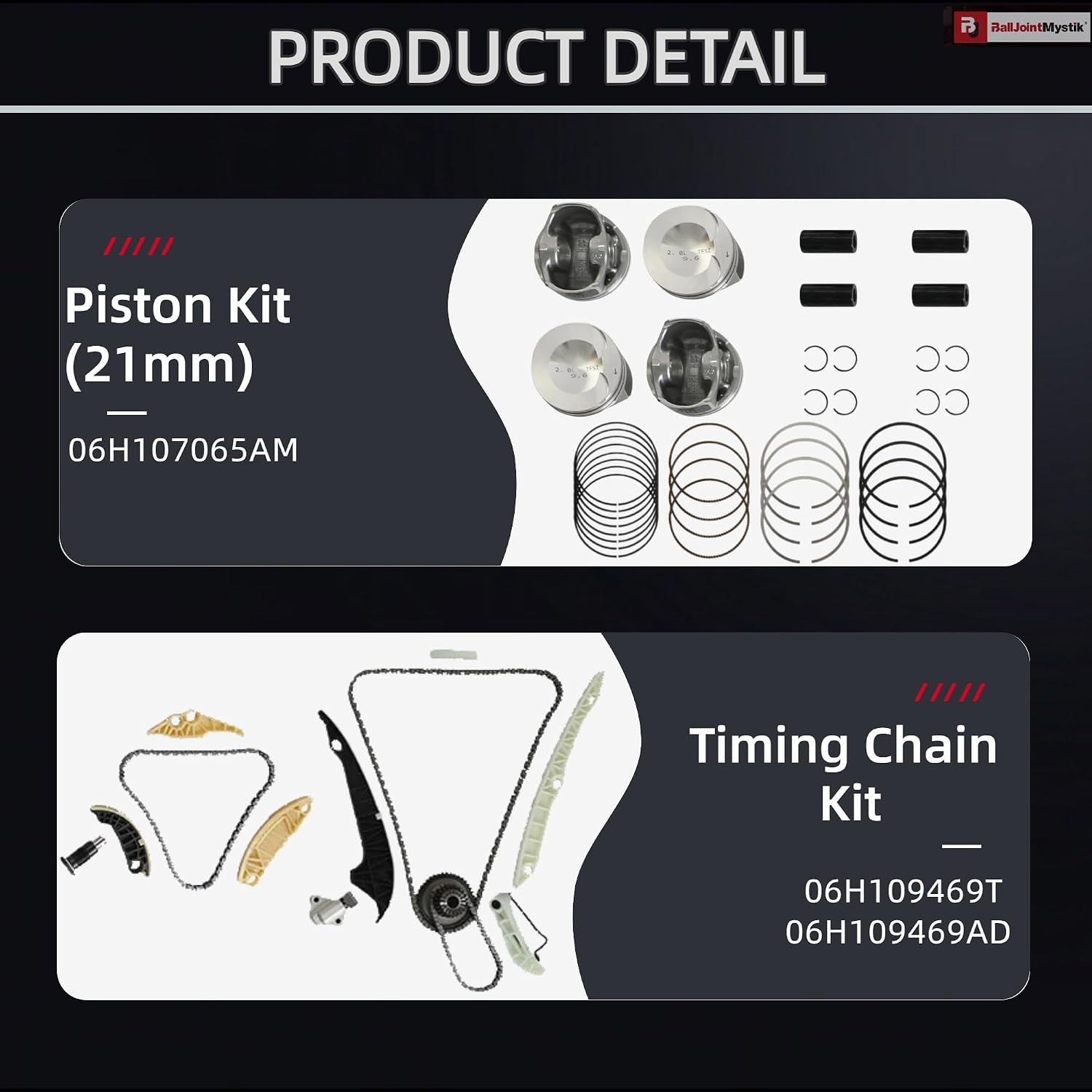 EA888 Gen2 Rebuild Overhaul Kit with Timing Chain Kit & 21mm Piston & Ring Set Fits for Audi A3 TT Volkswagen Jetta Ti-guan Passat 2.0T 2008-2015 06H107065AM 06H109469T, 06H109469AD