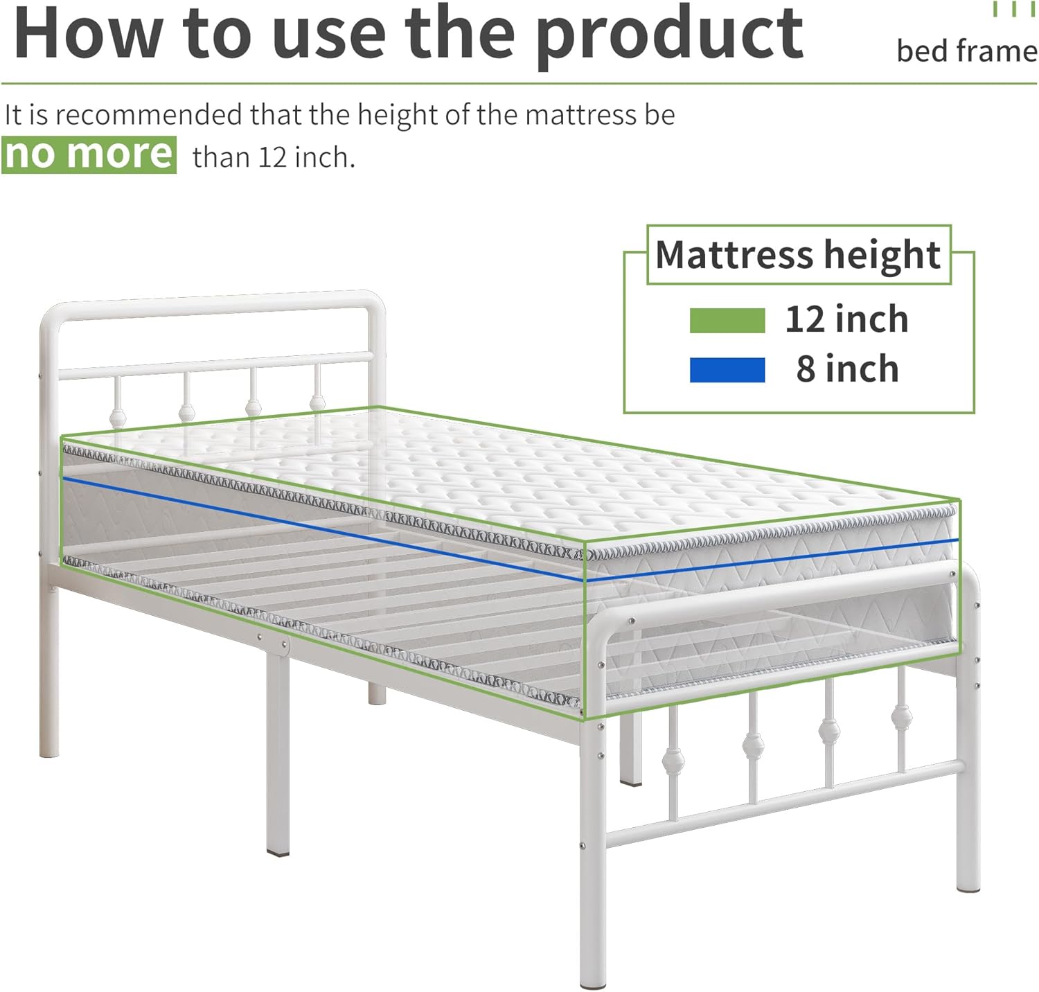 18 Inch Tall Twin Bed Frames with Headboard and Footboard, Heavy Duty Metal Platform Bed Frame Twin No Box Spring Needed, Easy Assembly, Under-Bed Storage, Noise Free, White