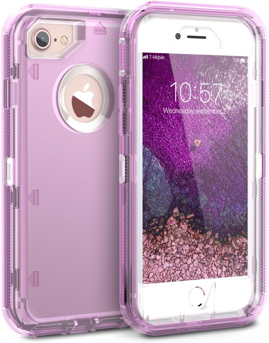 Dexnor iPhone 8 Case, iPhone 7 Case, Transparent Hybrid Shockproof Heavy Duty Protection Rubber Silicone + Hard PC 3 in 1 Cover Defender for iPhone 8/7/6s/6 (4.7”) - Clear Purple
