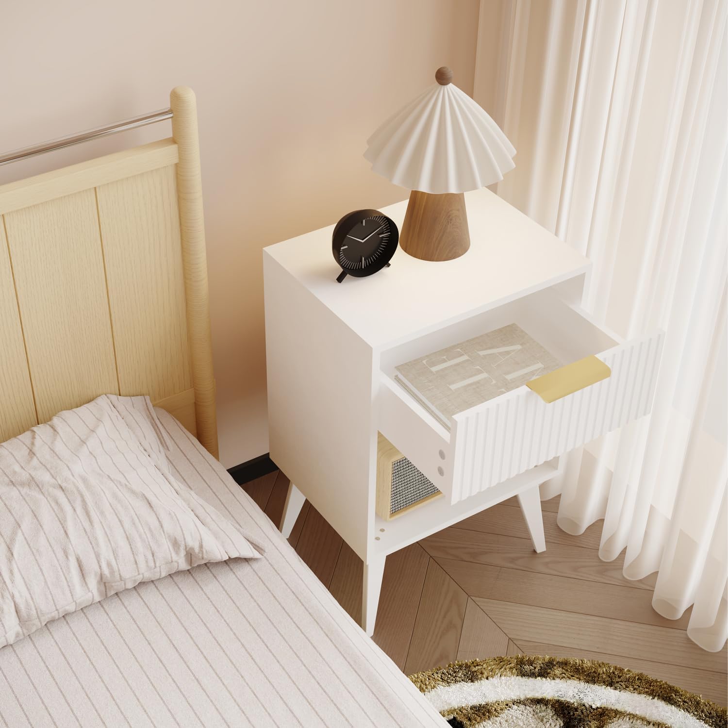 YAUKOMEL Fluted Night Stand with Opening Storage,Mid Century Bedside Table with Drawer,Modern Nightstand with Solid Wood Legs,End Table Side Table for Living Room,Bedroom,White CTG56W
