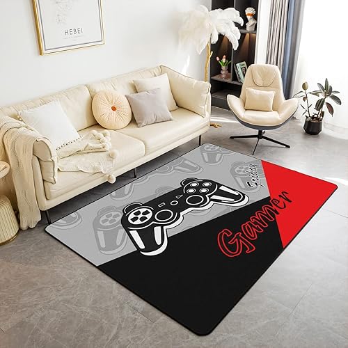 Alfombra de videojuegos de 5 x 7 pies, alfombra para sala de estar, dormitorio, decoración de sala de juegos, color rojo, gris y negro, alfombra