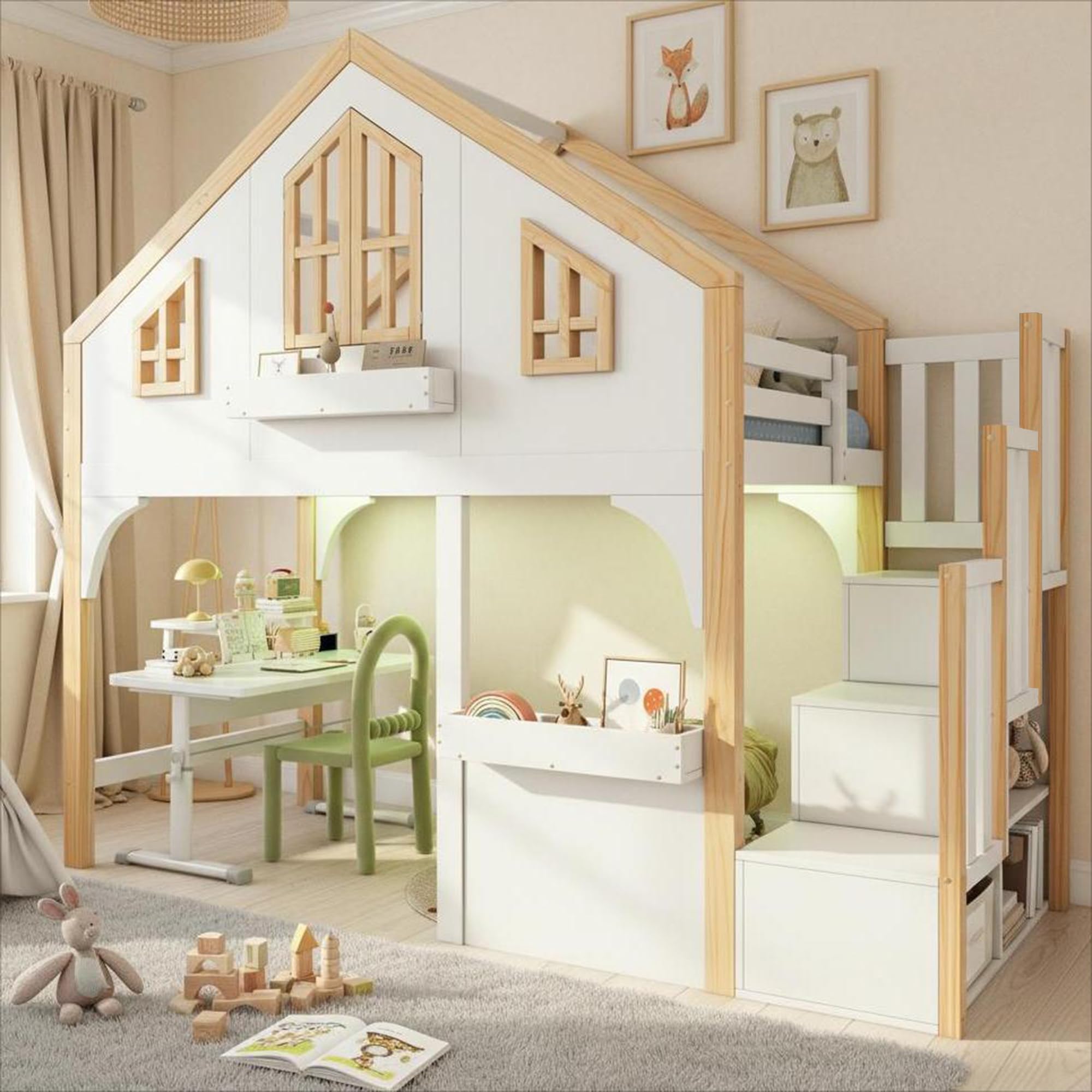 Haus-Etagenbett Kinderbett 90x200 cm mit LE/D Funktionen, Innovativer Stauraumtreppe, Fantasievollem Fenster-Design, Holz + MDF, Geeignet für 2 Kinder, Weiß + Natur