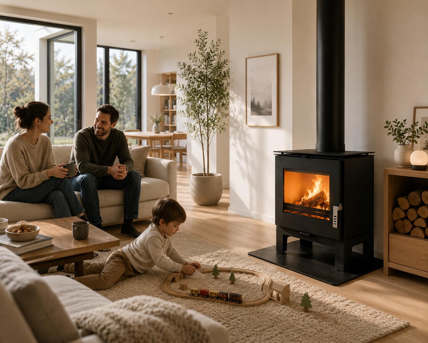 Verso Rheia L - Stufa a legna da 5 kW, 80,2% di alta efficienza, piastra superiore compatta in acciaio (non ghisa), piccola stufa per 70 – 100 m³, Eco Low Emissions, 150 mm