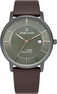 Analog Grey Round Dial Silver Case Brown Leather Strap Date Water-Resistant Wrist Watch for Men Boys DK.1.12419-4