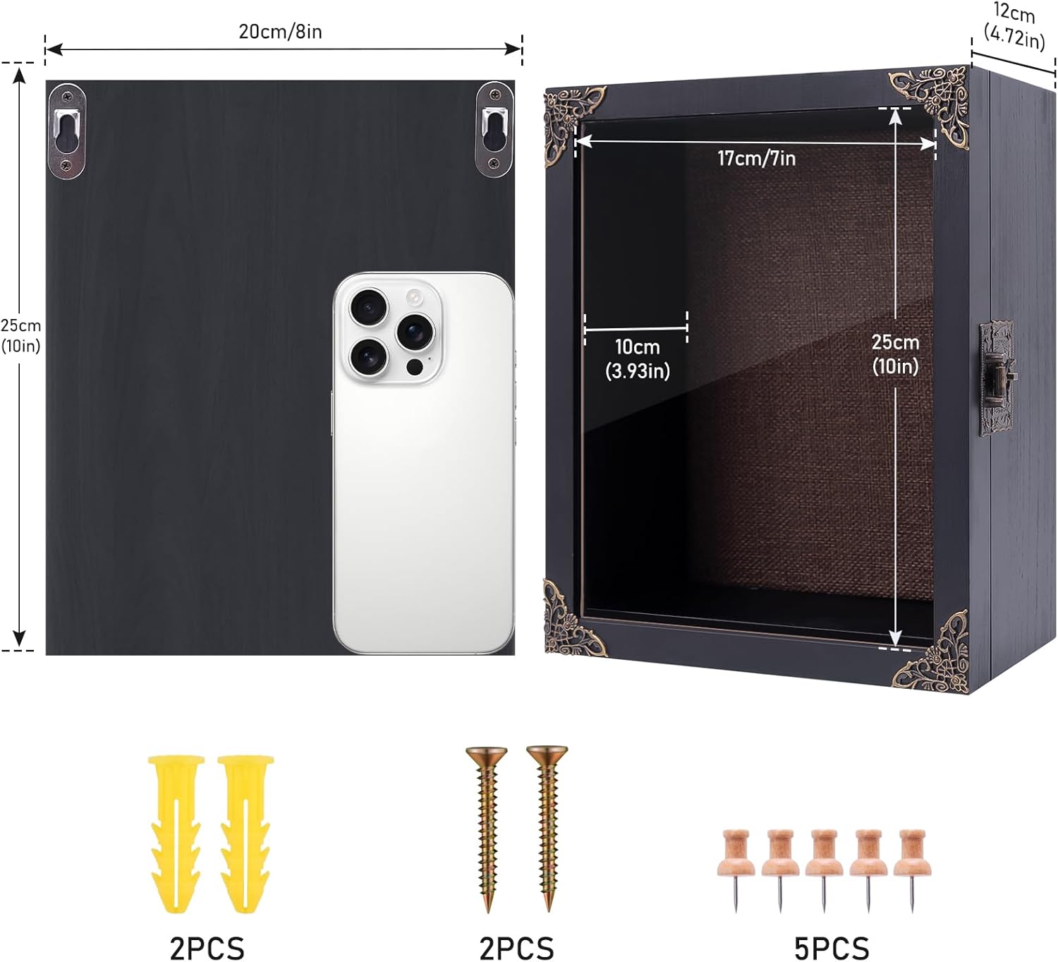 Deep Shadow Box Frame 8x10, 4.7in Depth Shadow Boxes Display Case with Soft Linen PIN Board, Vintage Charred Finish & Mortise-Tenon Joint, Retro Metal Hardware (Black)