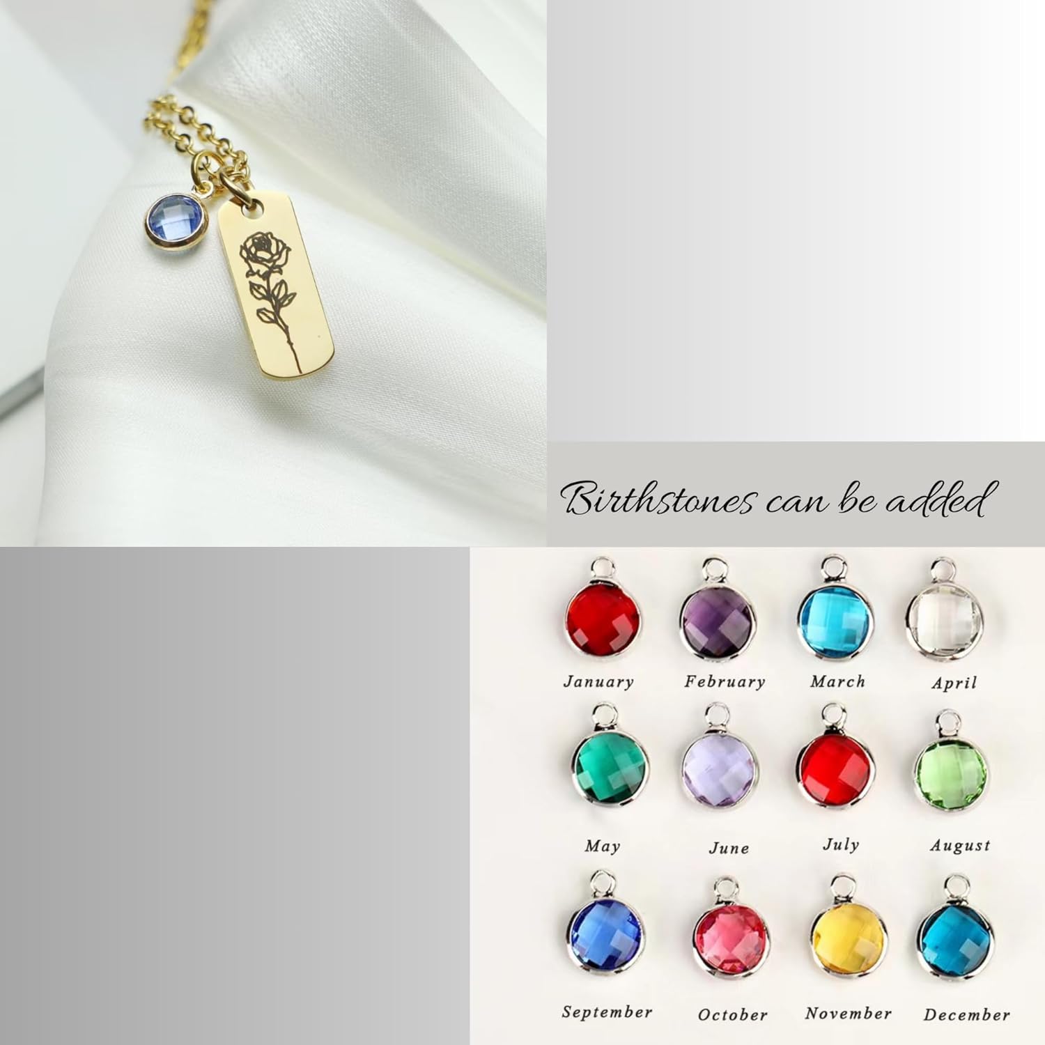 Personalized Birth Flower Necklace for Women,Custom Bar Charm Name Necklace with Engraving,Gold/Silver/Rose Gold Friendship Necklace with Birthstone,Mother's Day Mama Necklace - Image 4