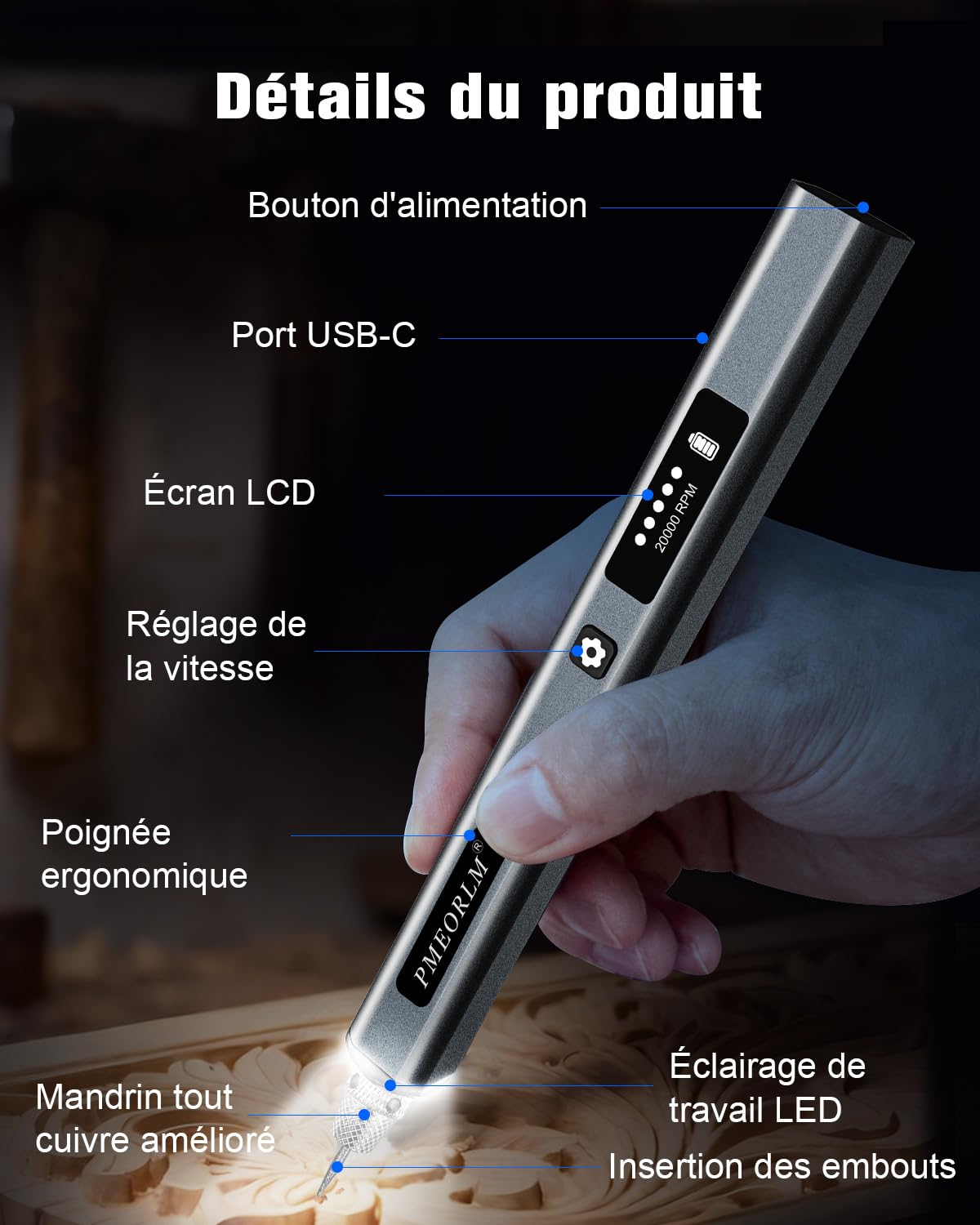 Stylo de gravure électrique – Gravez plus de 50 surfaces – Écran LCD, lumière LED, 5 vitesses, 30+ accessoires, charge USB-C – Graveur bijouterie, idéal bijoutiers, modélistes et créatifs