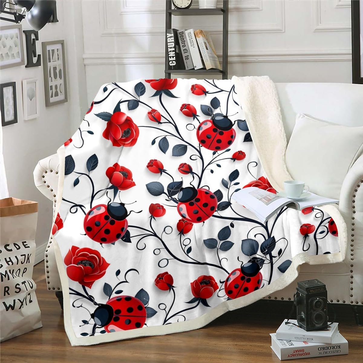 Erosebridal Floral Ladybug Blanket Throw,Red and Black Rose Flower Blankets and Throws for Kids Girls Boys,Reptile Ladybug Fleece Blanket Rustic Country Wildlife Animal Blanket 60"x80"