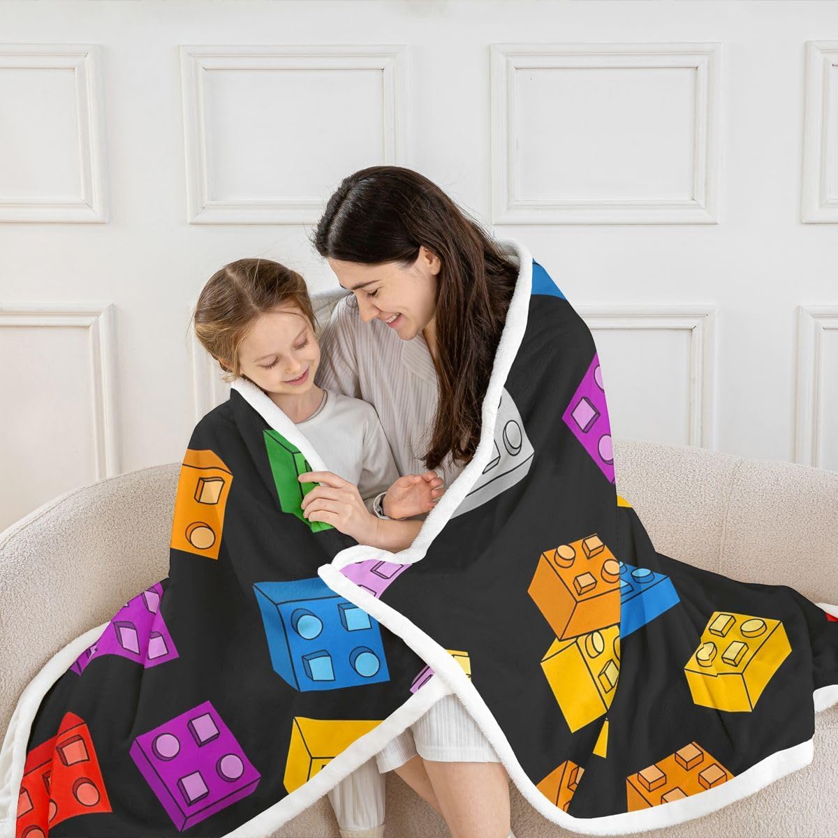 Castle Fairy Building Blocks Throw Blankets,Colorful Square Block Fleece Blanket,Kids Girls Boys Adult Funny Games Fuzzy Blankets Modern Black Sherpa Blanket Chair Sofa Bed Decor,30"×40" image 5
