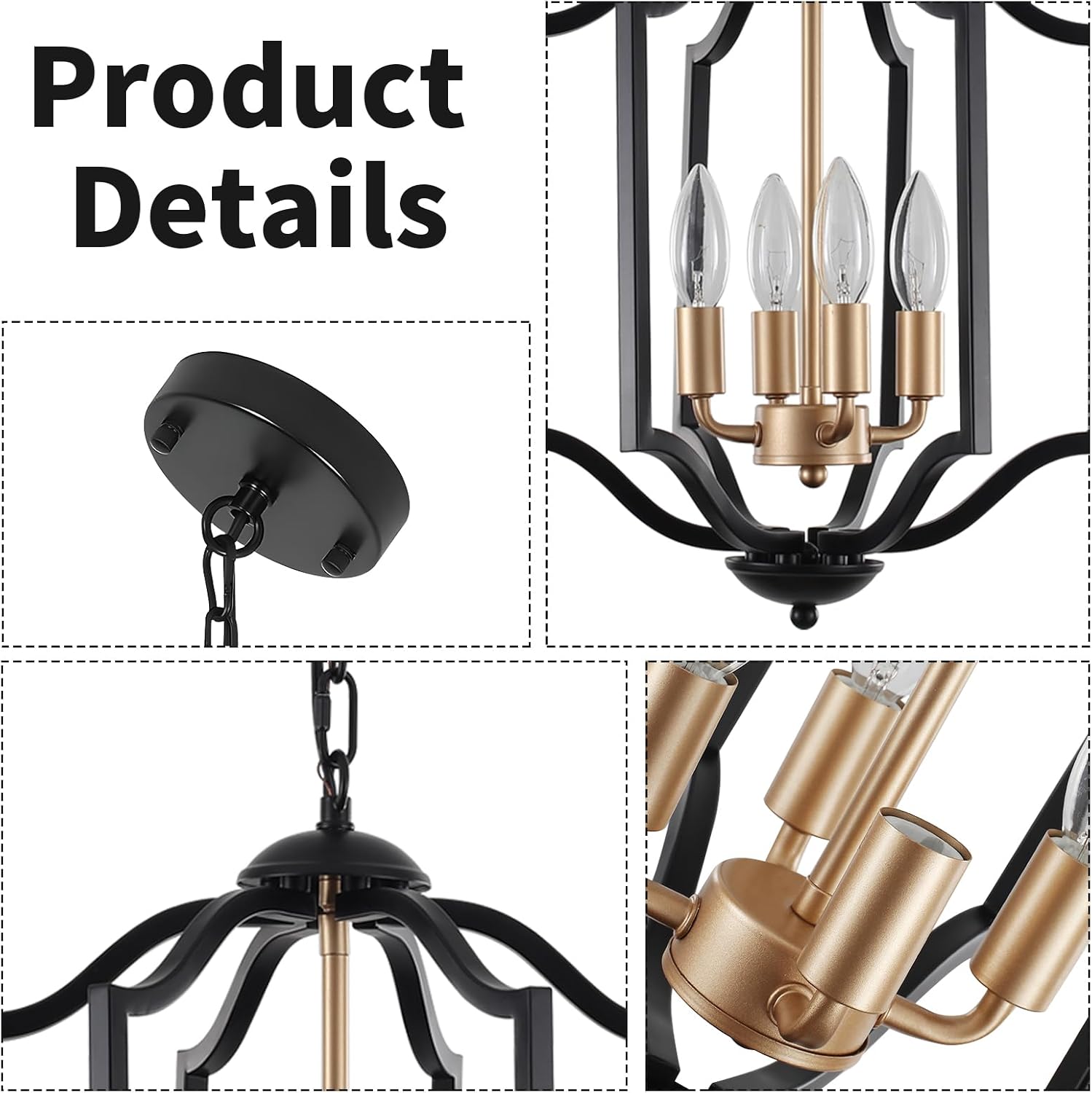 Black and Gold Chandelier Light Fixture, 4-Light Farmhouse Chandelier Dining Room Light Fixtures Rustic Hanging Small Entryway Pendant Light for Kitchen Island Foyer Living Room