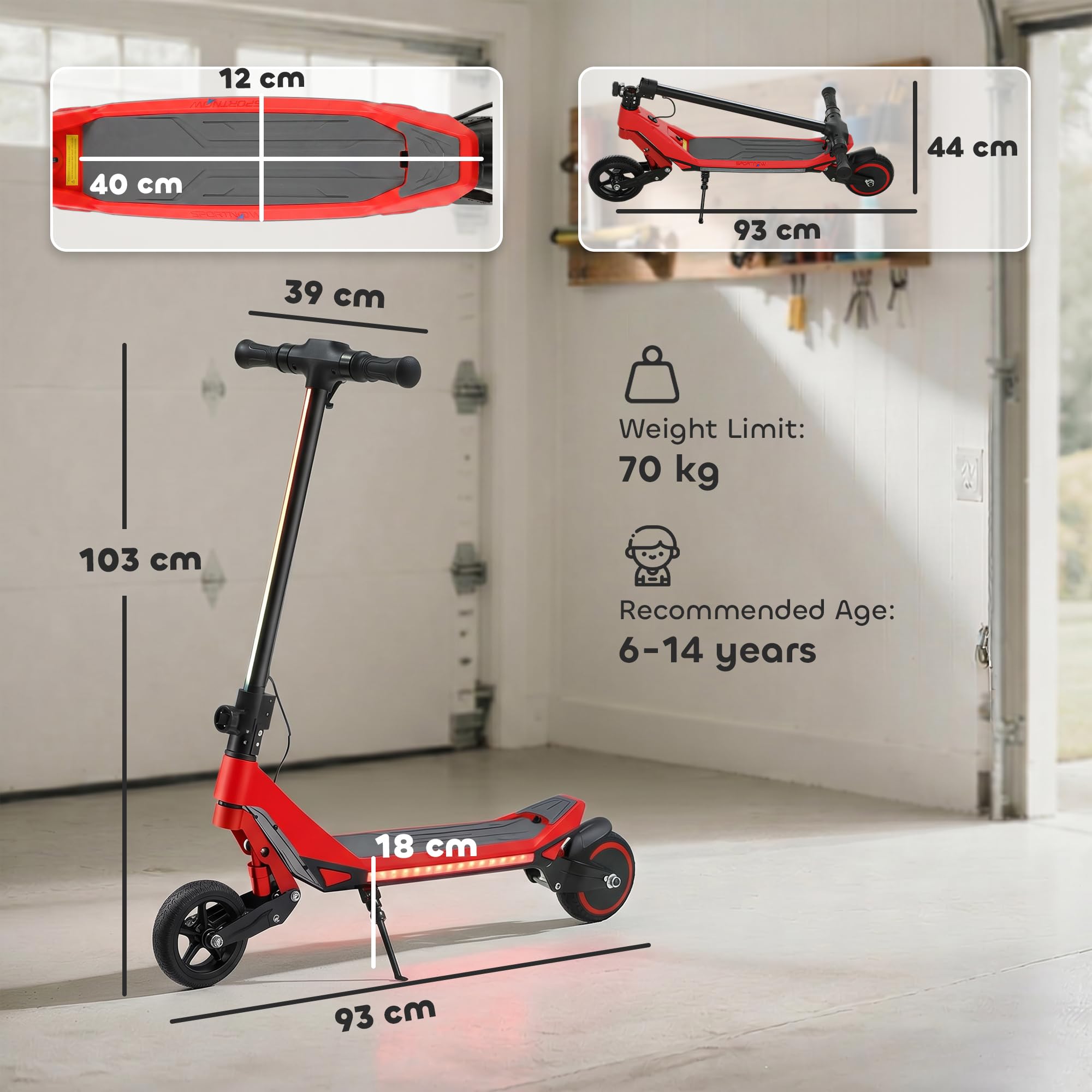 SPORTNOW Patinete eléctrico para niños, doble suspensión, plegable, de 6 a 14 años, color rojo | Pantalla LED, luces RGB, hasta 16 km/h, alcance de 12 km, ruedas sólidas de 6.5 pulgadas, kick-to-start, para niños y niñas
