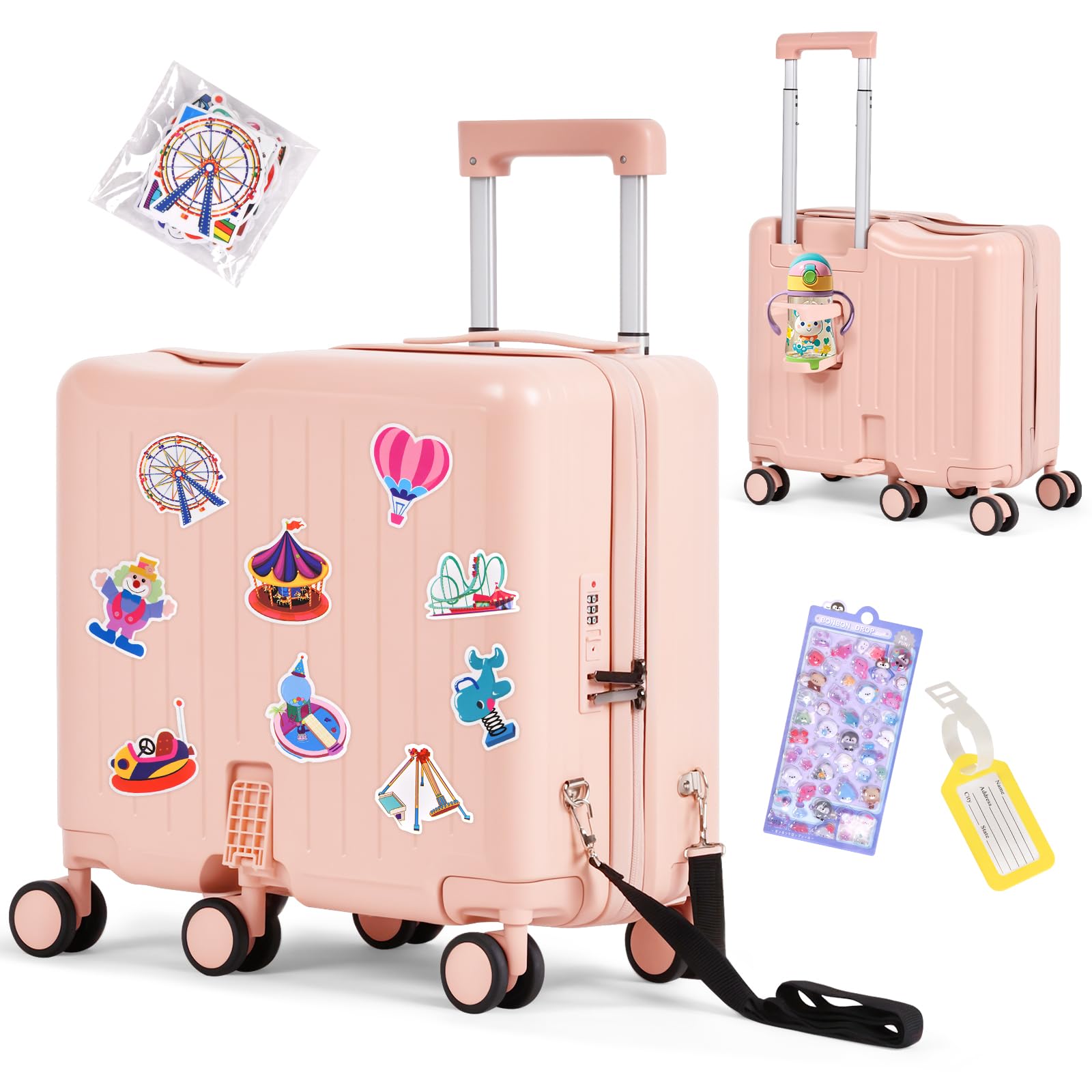 20" Kids Ride-On Luggage, Hardshell Carry-On Suitcase with 6 Spinner Wheels
