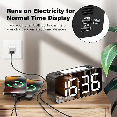 Miniatura 6 de Goodes Reloj despertador digital, pantalla grande de 6.5 pulgadas, reloj electrónico con espejo LED, con repetición, 1224 horas, puertos de carga