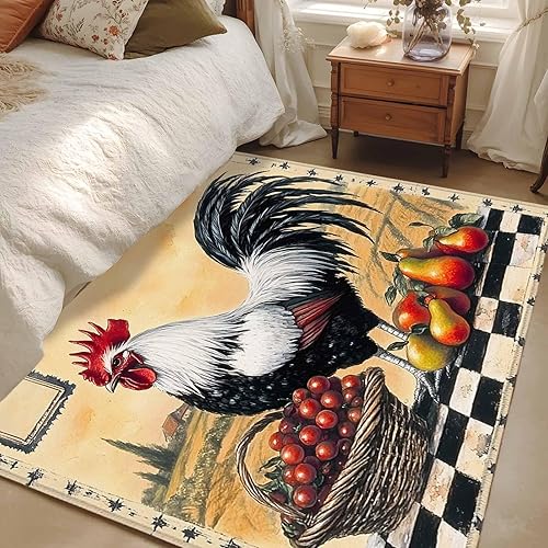 2.7x5 Area Rugs, Rooster Non-Skid Rubber Backing Large Rectangle Rugs - Living Room Bedroom Home Office, Retro Farmhouse Animals Watercolor Indoor