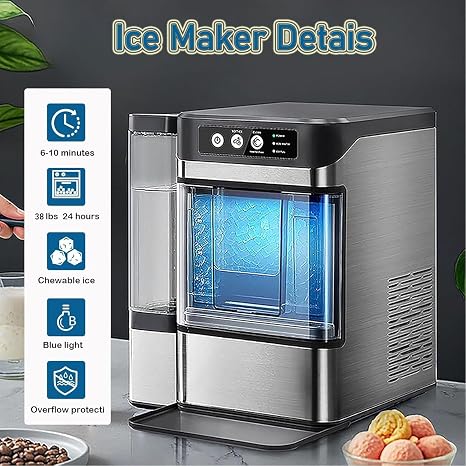 Countertop Electric Nugget Ice Maker, Chewable Pellet Ice Maker with Side Water Tank, One Click Operation, 38 Lbs Self-Cleaning in 24 Hours for Making Iced Tea, Coffee, Home, Kitchen