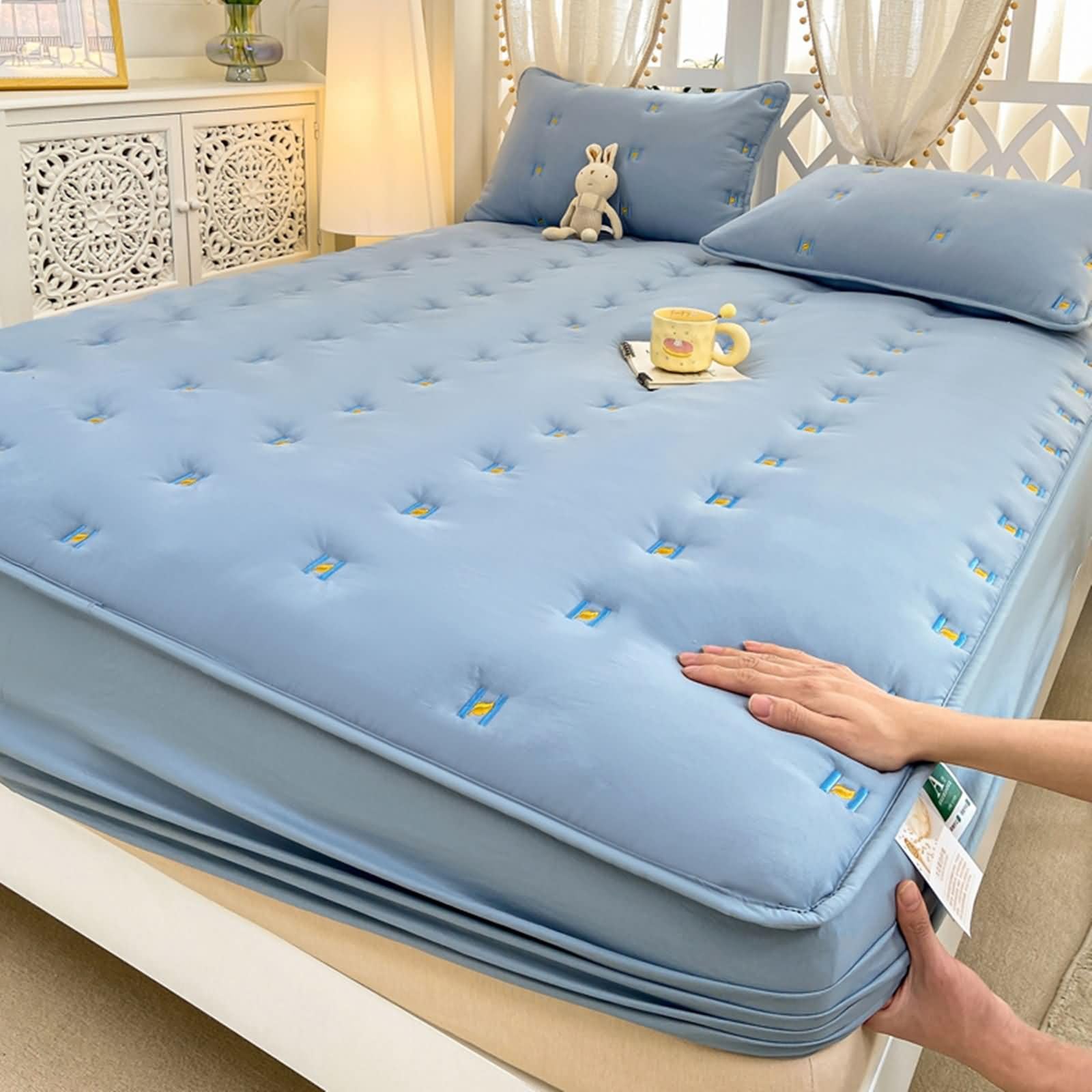 Parure de lit 90 x 200 cm confortable coton bleu avec broderie