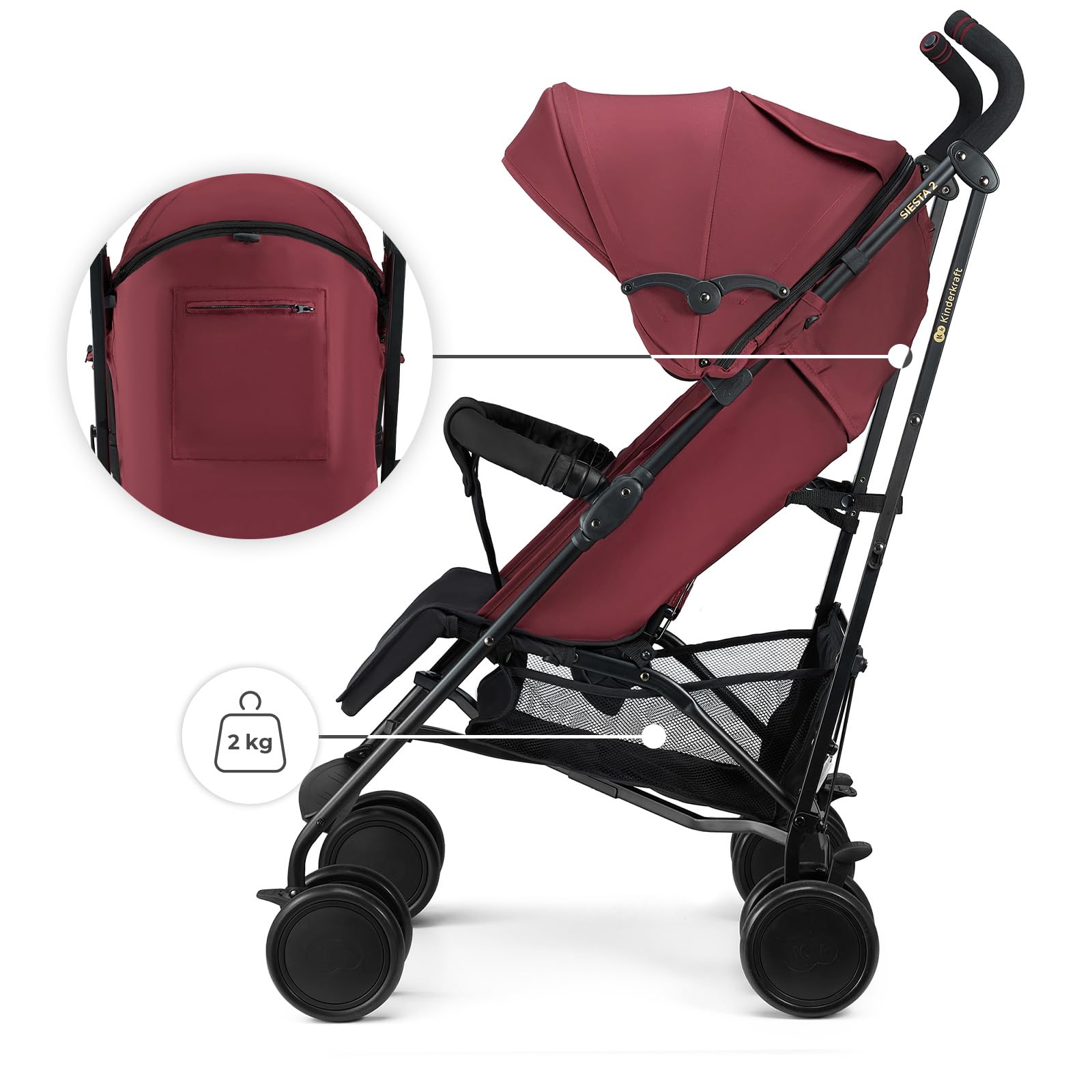 Kinderkraft Buggy SIESTA 2 bis 22 kg, nur 7,9 kg, zusammenklappbar, Liegeposition, verstellbare Fußstütze, Verdeck mit Mesh und Peekaboo, 5-Punkt-Gurt, kompakt, Rot