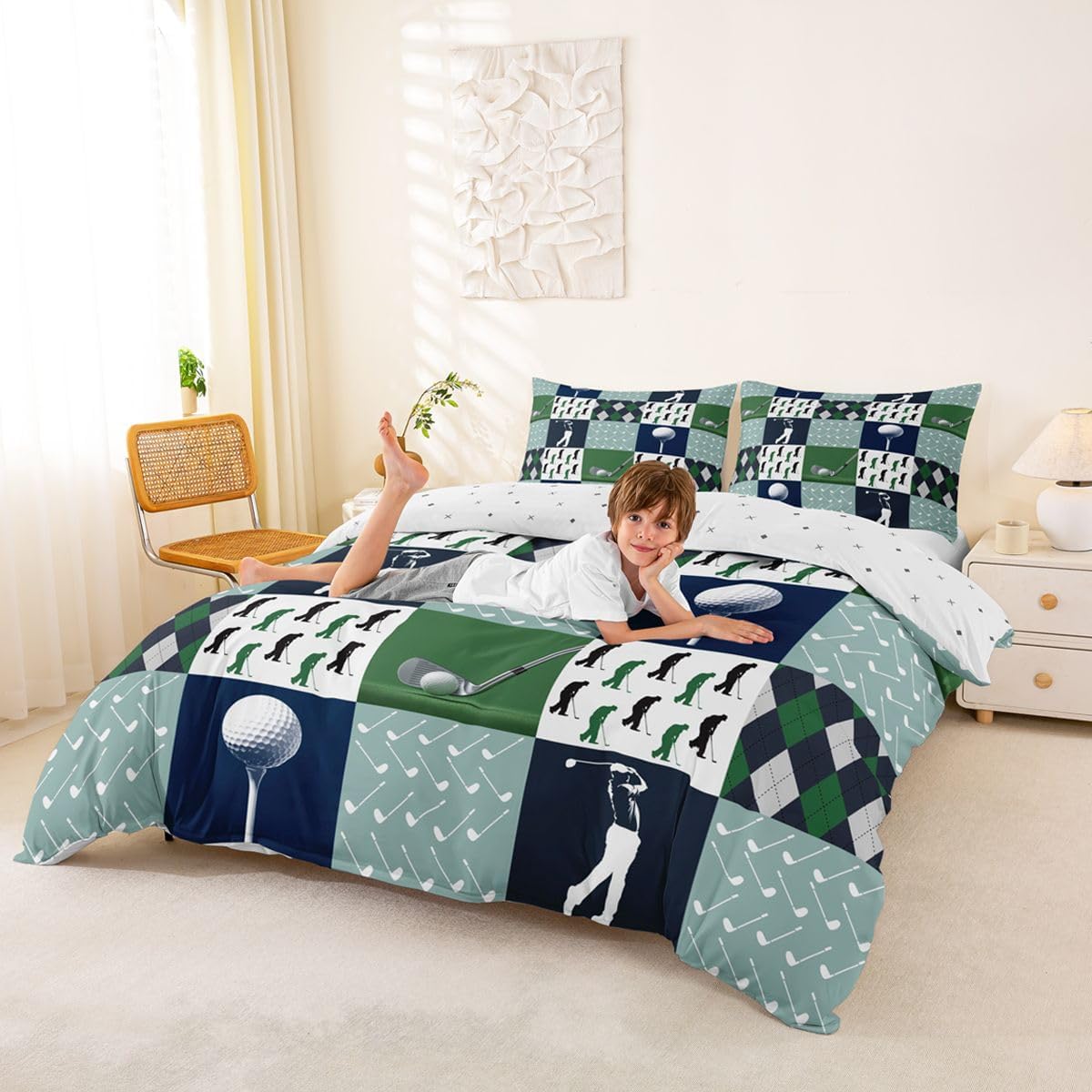 Homewish Golf Duvet Cover Set Full Size Geometric Patchwork Plaid Comforter Cover Modern Ball Sports Gaming Bedding Set 3pcs for Men Adults Teens Room Decor Green White Quilt Cover with 2 Pillowcases