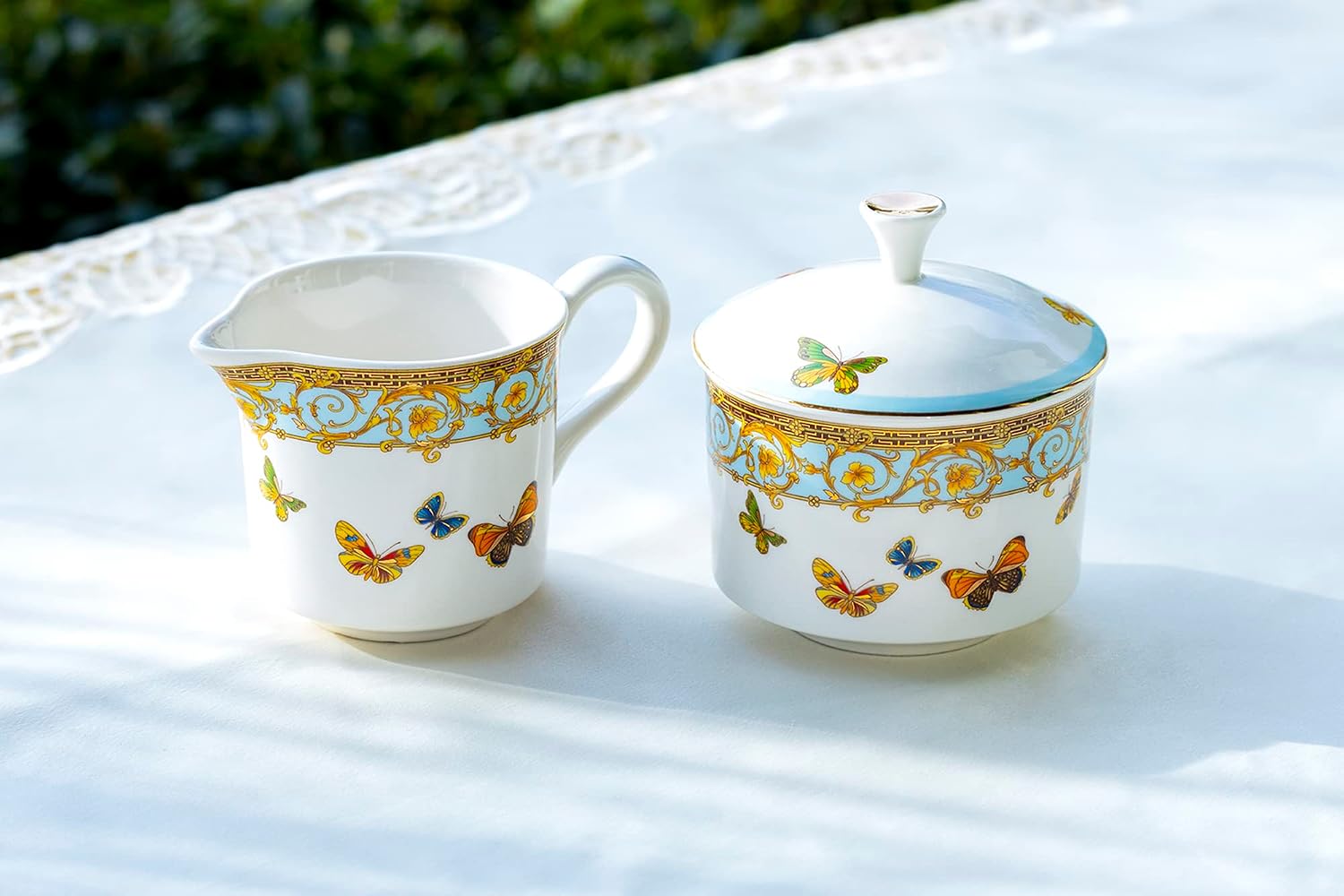Grace Teaware Butterflies with Blue Ornament Fine Porcelain Sugar and Creamer Set with Gold Trim