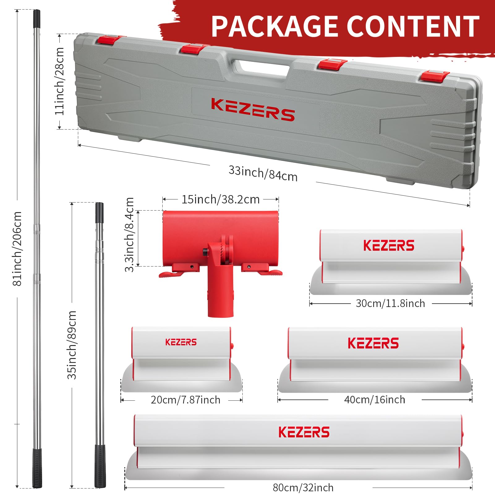 KEZERS Lot de spatules de surface - 20 cm, 30 cm, 40 cm et 80 cm - Lame en acier inoxydable - Avec barre télescopique et adaptateur - Avec mallette pour grand espace de travail, décoration murale